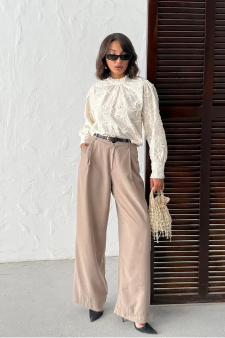 Topshow - Wholesale Embroidered Long Sleeve Women's Blouse - Stylish and Modern - Stone