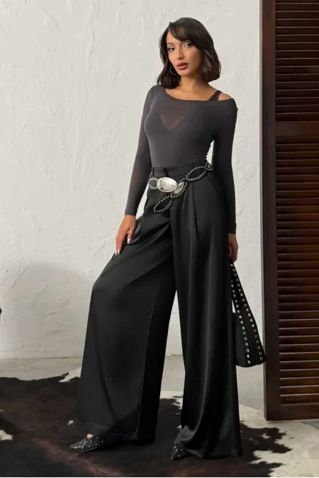 High-Waisted Wide-Leg Satin Trousers – Stylish and Comfortable Design - Black | F2052