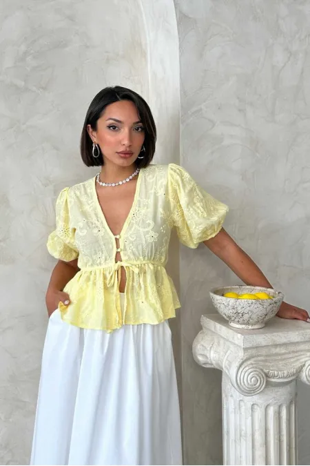 Front Tie Embroidered Voile Blouse - Yellow Topshow