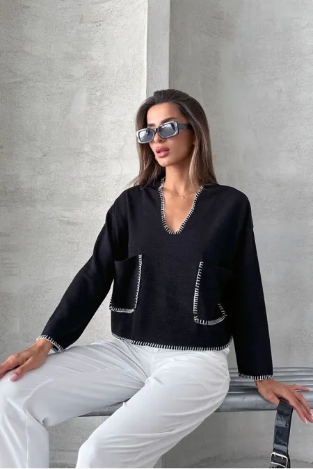 Shepherd's Stitched Knitwear Wholesale Blouse - Black | TOPSHOW | F1652