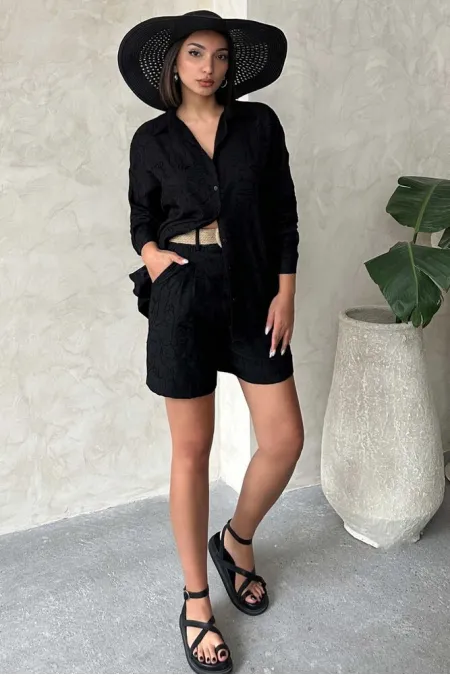 Nakışlı Şort - Siyah Siyah | Topshow