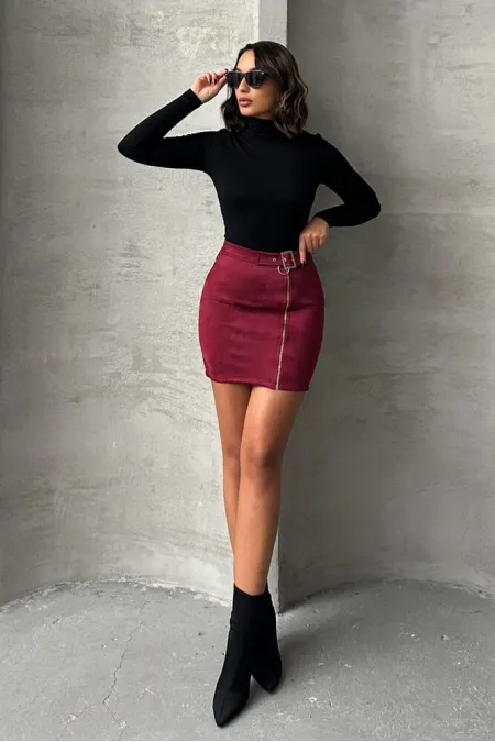 Süet Fermuarlı Toptan Etek - Bordo | TOPSHOW | F0121