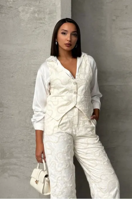 Nakışlı Toptan Yelek - Krem | TOPSHOW | F1751