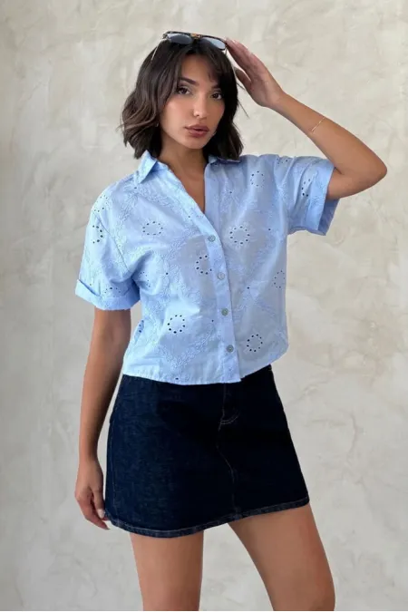 Lace Embroidered Wholesale Shirt - Blue | Topshow