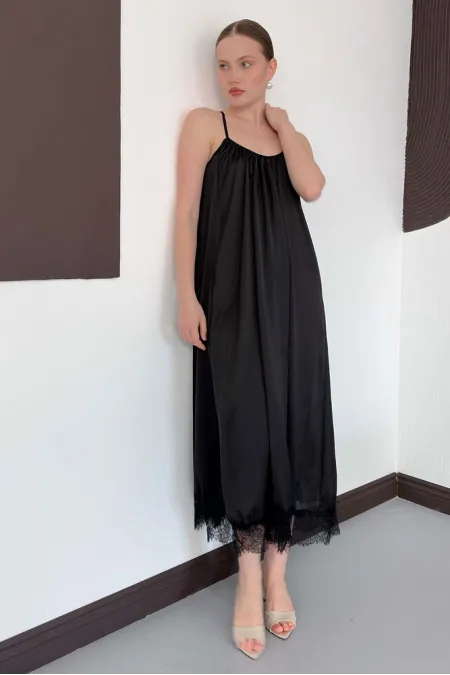 D 3022 DANTEL DETAYLI SATEN ELBİSE - SİYAH