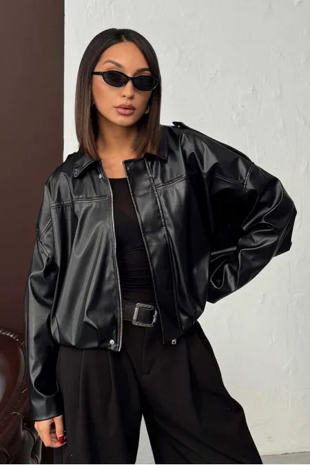 F 2035 FAUX LEATHER JACKET - BLACK
