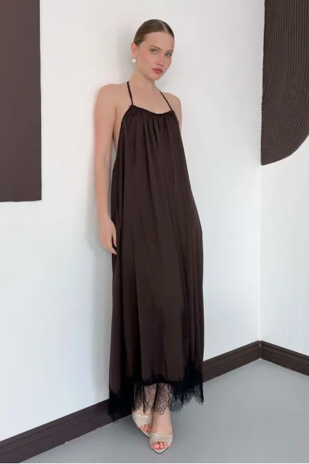 D 3022 DANTEL DETAYLI SATEN ELBİSE - KAHVE