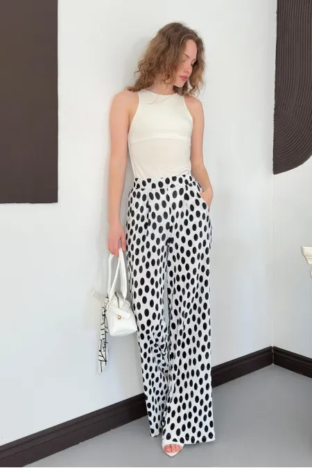D 3071 POLKA DOT PLEATED TROUSERS - CREAM
