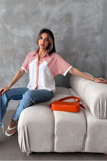 Topshow Orange Stripe Detailed Low Sleeve Wholesale Shirt