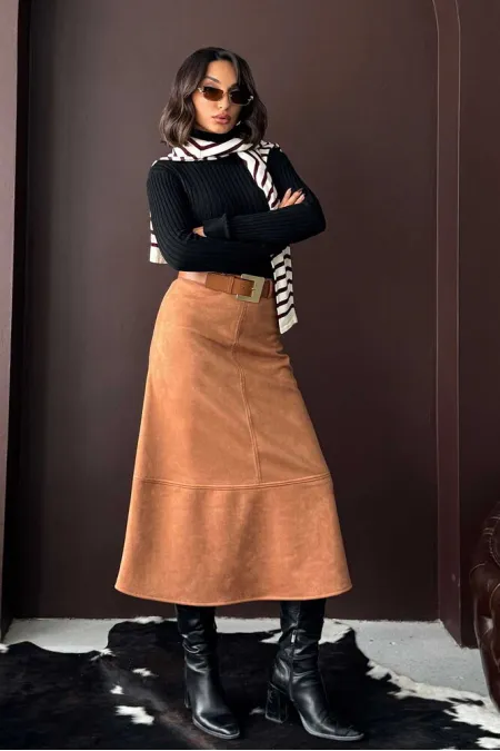 Topshow Scuba Suede Skirt - Tan | F2004