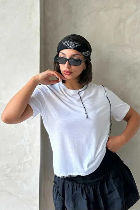 Topshow Beyaz Çoban Dikişli Toptan Tişört