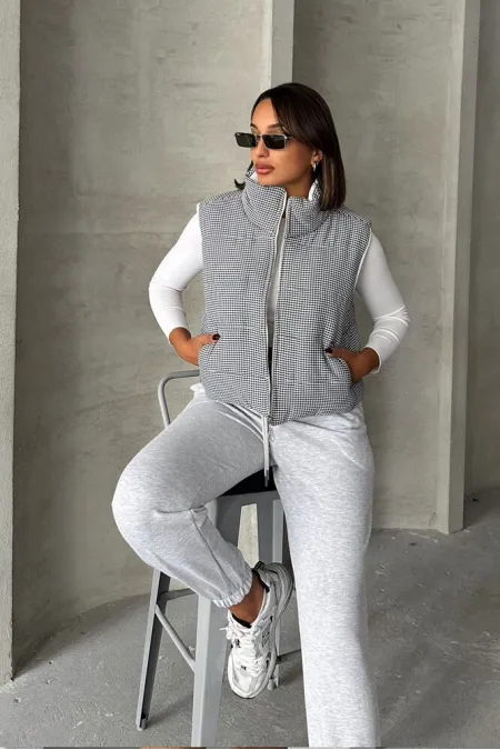 Doudoune sans manches Pitikare en fibre à motif noir (vente en gros) | TOPSHOW | F1741