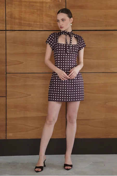 Polka Dot Satin Wholesale Dress - Brown | D2978 - Topshow