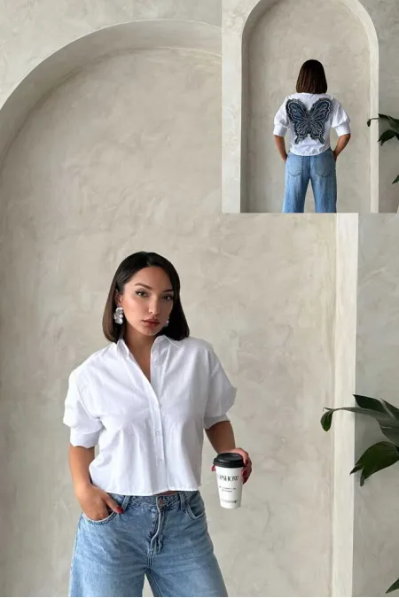 Chemise blanche avec détail papillon au dos (vente en gros) | Topshow