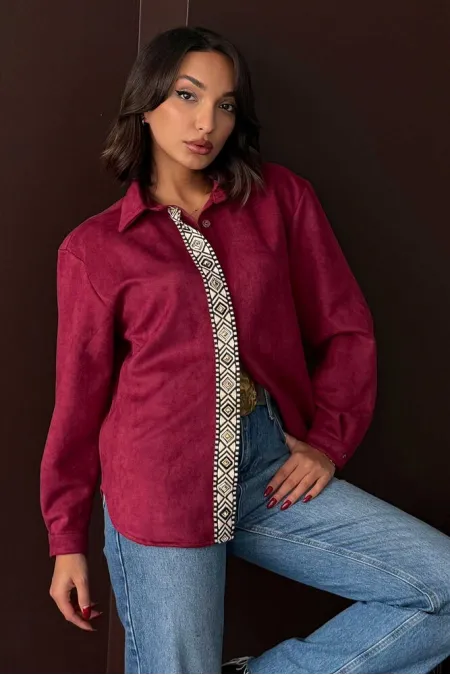 Topshow Striped Detail Scuba Suede Wholesale Shirt - Plum | F1973