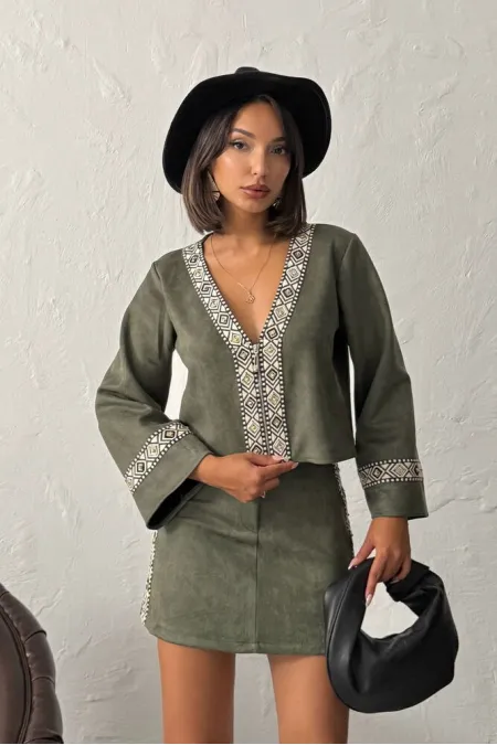 Veste zippée en daim scuba à rayures Topshow - Kaki | F1971