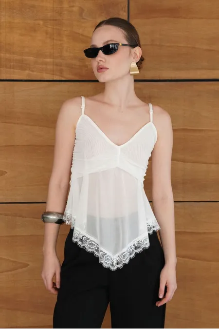 Strappy Lace Detail Tulle Wholesale Blouse - Cream | D2979 - Topshow