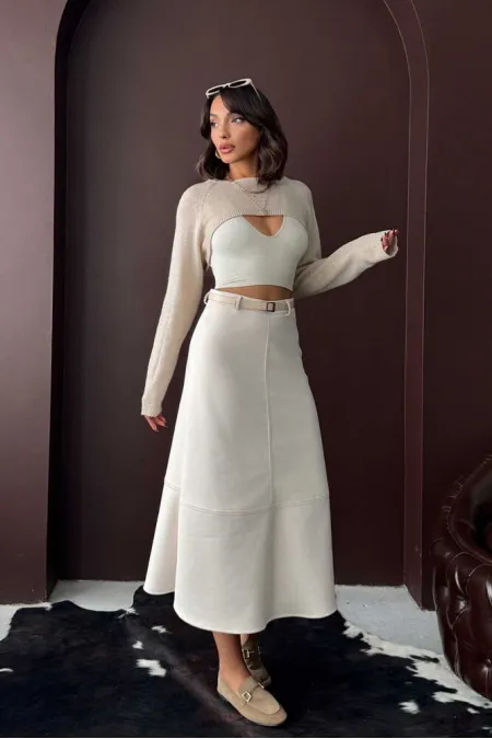 Topshow Scuba Suede Skirt - Stone | F2004