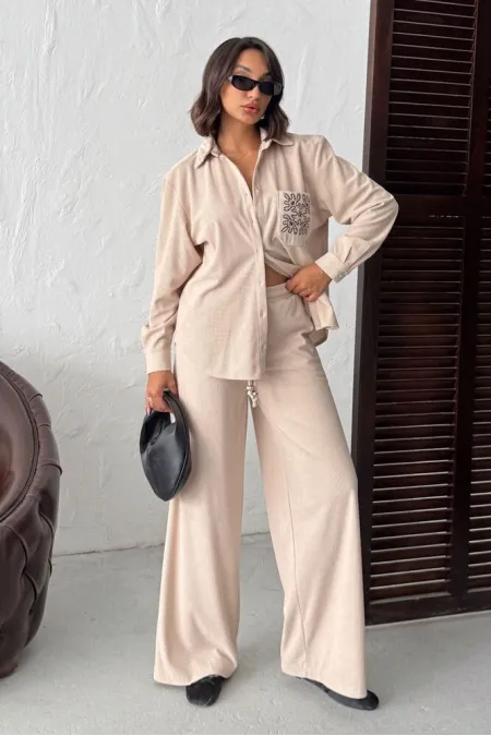 Topshow - Toptan Fitilli Kadife Pantolon - Taş