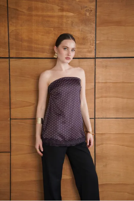 Bustier en satin à pois et détails en dentelle - Café | D2963 - Topshow