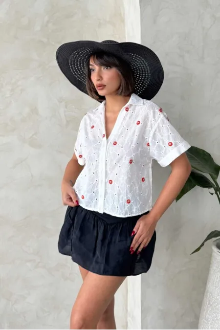 Nakışlı Brode Toptan Gömlek - Kırmızı Dsn1 | Topshow