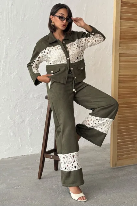 Dantel Detaylı Geniş Paça Kadın Pantolon - Haki | Topshow | F1958
