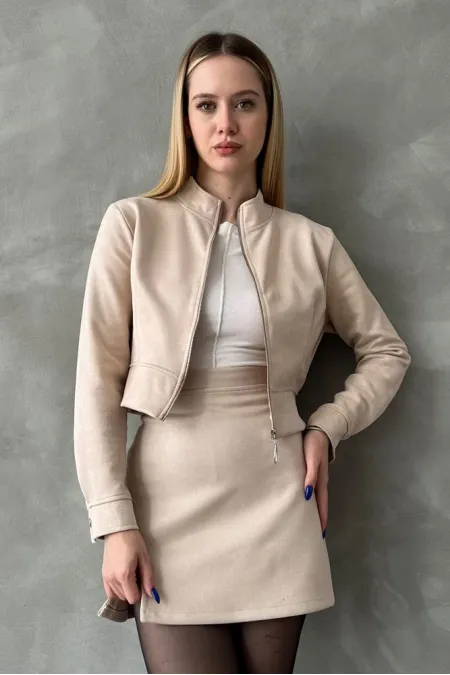 TOPSHOW Manteau court en daim couleur pierre (vente en gros) | F1551