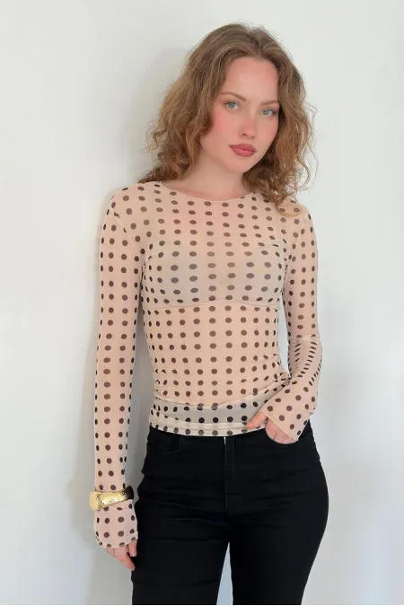 F 2107 POLKA DOT PRINTED TULLE T-SHIRT - BEIGE BROWN