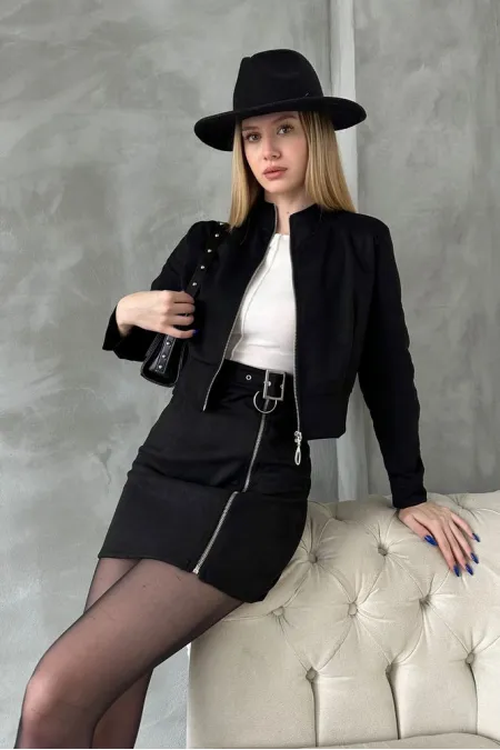 Veste courte en daim noir (vente en gros) | TOPSHOW | F1551