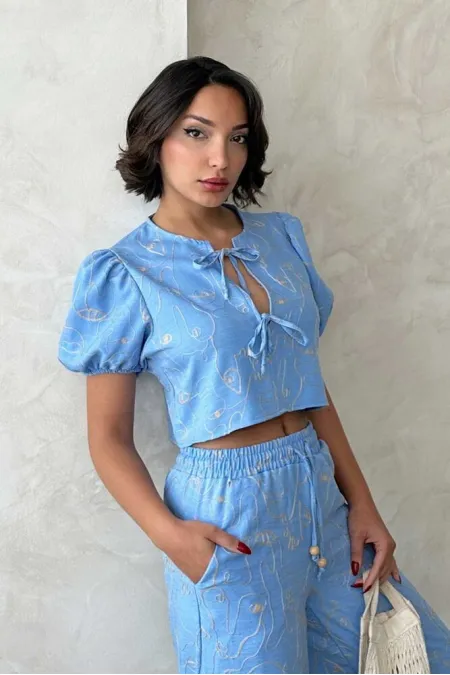 Embroidered Front Tie Wholesale Blouse - Light Blue | Topshow