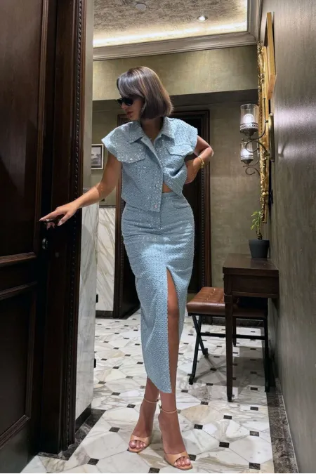 TOPSHOW Desen 1 Mavi Pullu Kot Toptan Etek | F1707