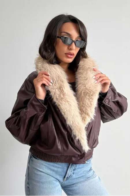 Topshow Fur-Collared Double-Breasted Leather Jacket - Burgundy | F2050