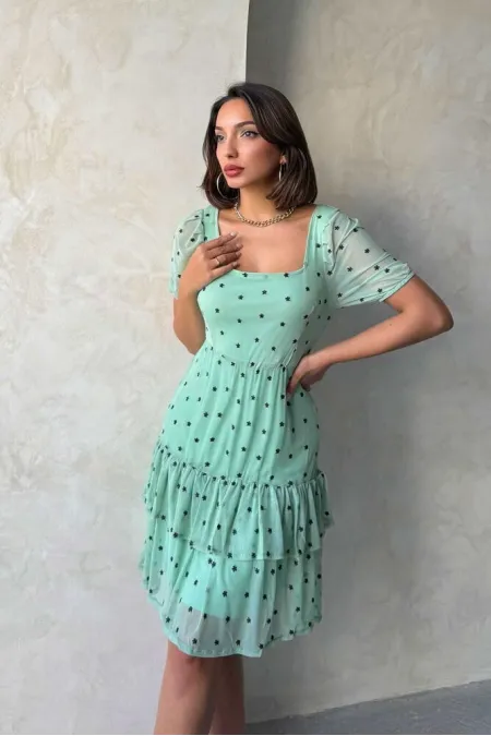 Topshow Çağla Kayık Yaka Çiçekli Toptan Etek Fırfırlı Kısa Kol Toptan Elbise