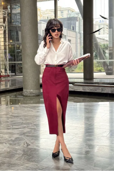 Suede Wholesale Skirt - Claret Red | TOPSHOW | F1761