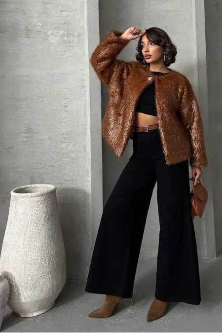 Simli Saçaklı Toptan Hırka - Kahve | TOPSHOW | F1837