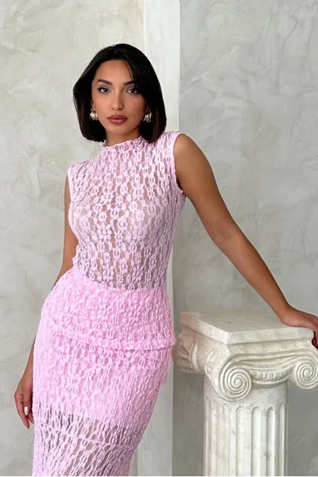 Sıfır Kol Dantel Toptan Bluz - Pembe | Topshow