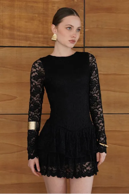 Wholesale Dress with Two-Stage Lace Hem - Black | F2075 - Topshow