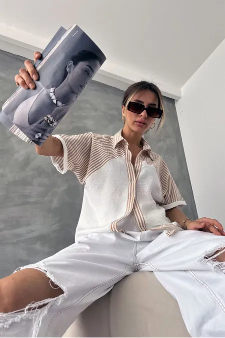 Topshow Stone Line Detailed Low Sleeve Wholesale Shirt