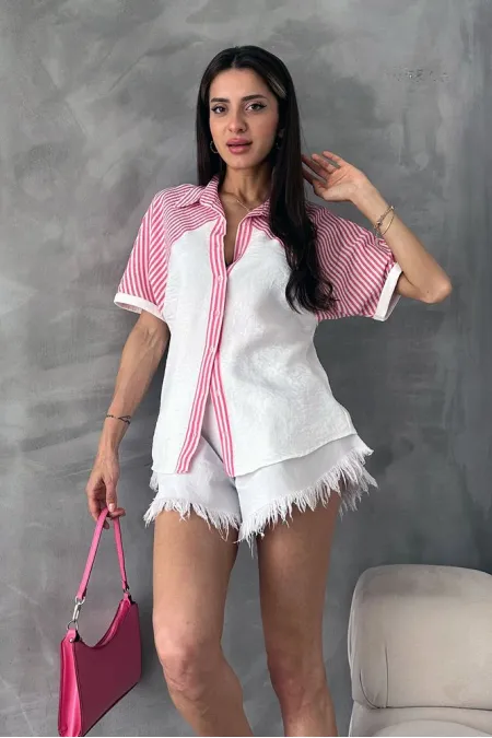 Topshow Fuchsia Stripe Detailed Low Sleeve Wholesale Shirt