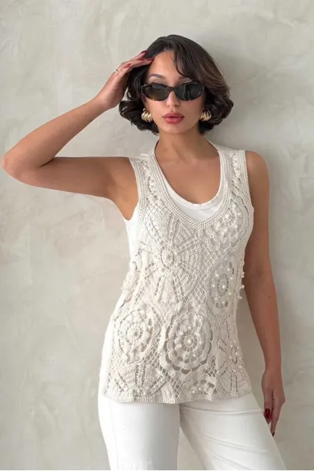 İnci Dantel Detaylı Ham Tişört - Ham | Topshow