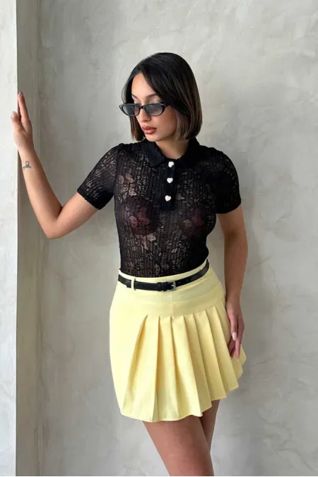 Lace Shirt Collar Blouse - Black Topshow