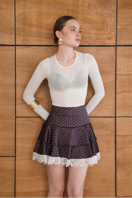 Jupe en satin à pois avec détails en dentelle - Marron | D2962 - Topshow