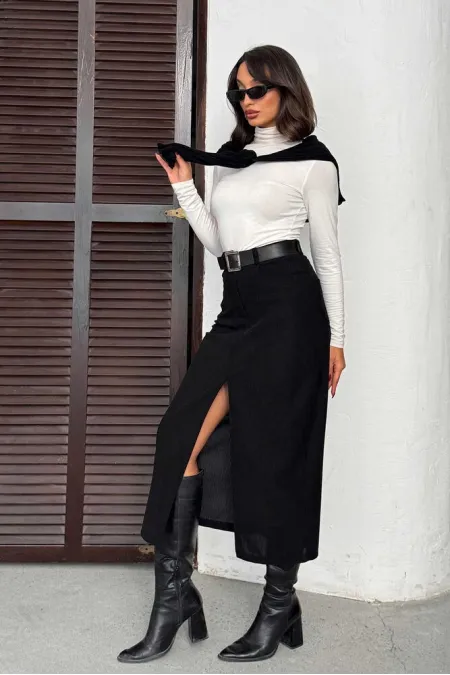 Topshow Fitilli Kadife Toptan Etek - Siyah | F2033