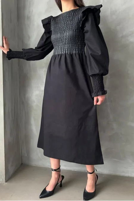 Topshow Black Body Leather Sleeve Wholesale Skirt Poplin Wholesale Dress | F0843