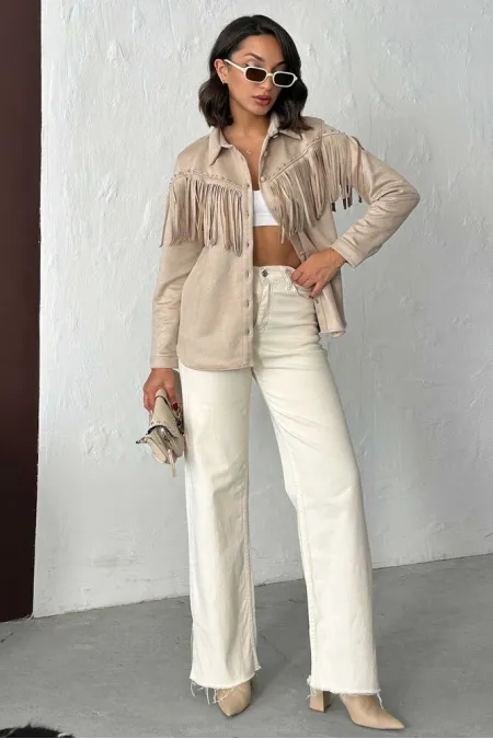 Topshow Tasseled Dropped Scuba Suede Wholesale Shirts - Stone | F2029