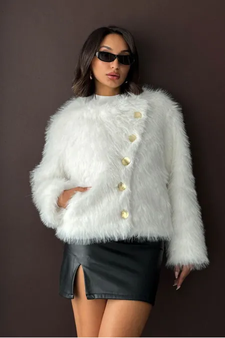 Topshow - Manteau boutonné en fourrure de lapin en gros - Crème