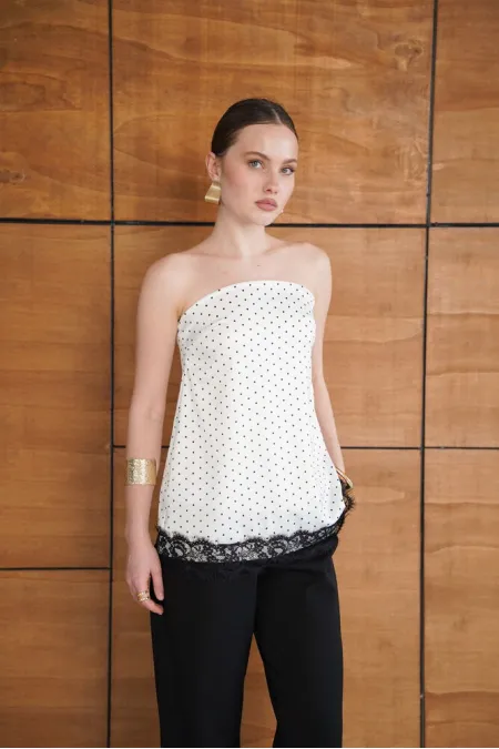 Bustier en satin crème à pois et dentelle | D2963 - Topshow