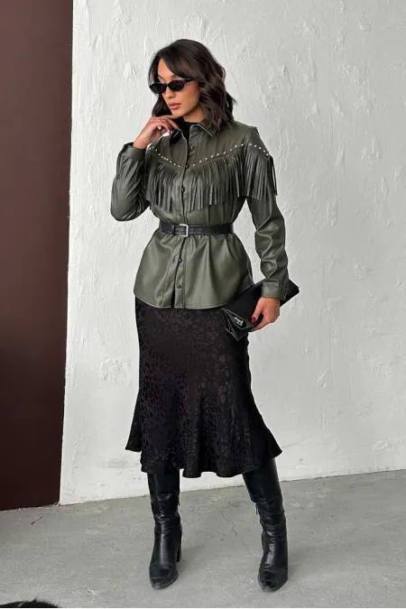 Chemise en similicuir kaki à franges tombantes F 2043