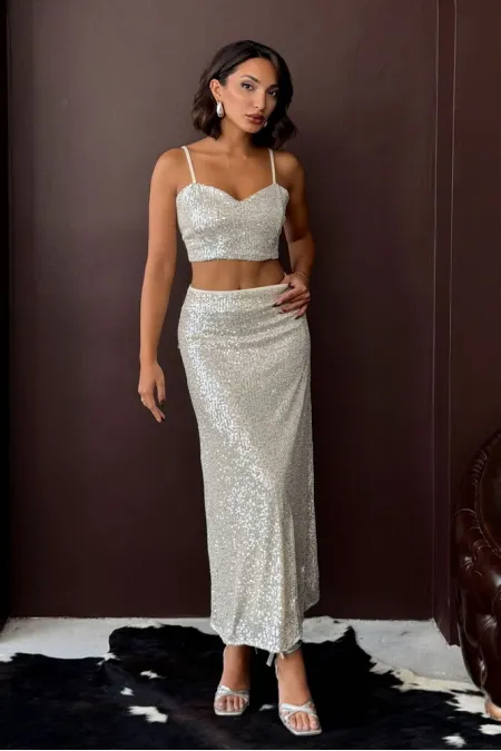 Jupe longue à sequins Topshow Stone - Taille haute, élégante robe de soirée