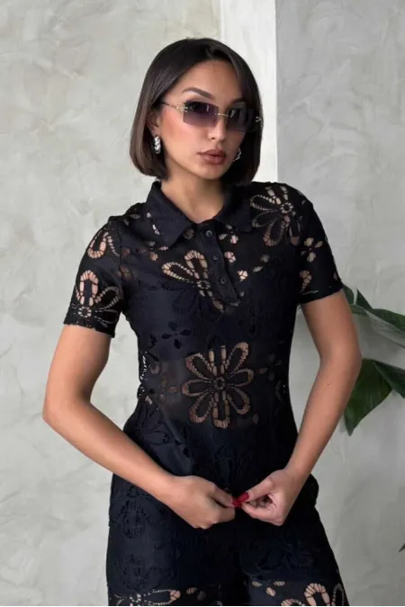 Wholesale Shirt Collar Lace Wholesale Blouse - Black | Topshow